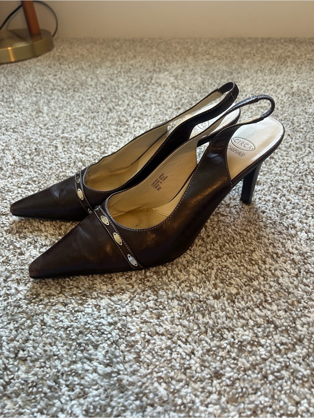 Joan & David Brown Pointed Slingback Heels with Accent Trim